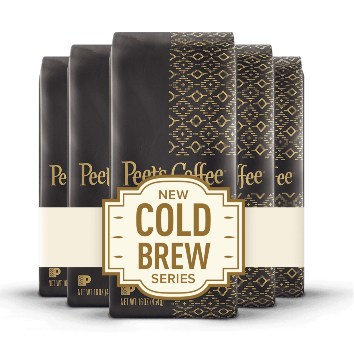 Peet's Coffee cold brew coffee packages with decorative patterns on a white background